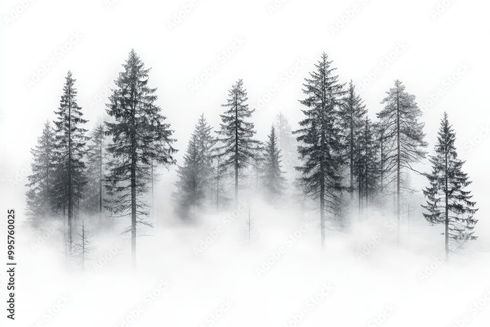 Foggy pine trees in misty forest with serene atmosphere, white isolated background. Foggy pine trees in misty forest with serene atmosphere, white isolated background.