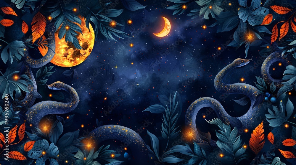 Vector magic seamless pattern with snakes, leaves, moon and stars. Mystical esoteric background for design of fabric, packaging, astrology, phone case, wrapping paper Vector magic seamless pattern with snakes, leaves, moon and stars. Mystical esoteric background for design of fabric, packaging, astrology, phone case, wrapping paper