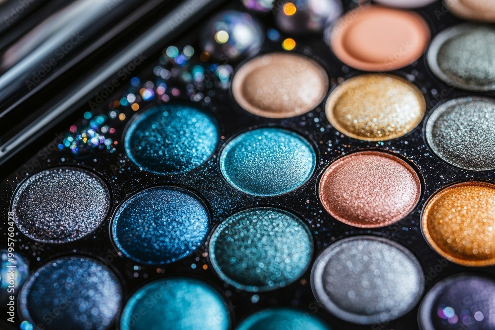 Glittery makeup palette with circular eyeshadow pans in blue purple and silver hues showcasing high pigment shimmer effects for a bold and creative beauty look Glittery makeup palette with circular eyeshadow pans in blue purple and silver hues showcasing high pigment shimmer effects for a bold and creative beauty look