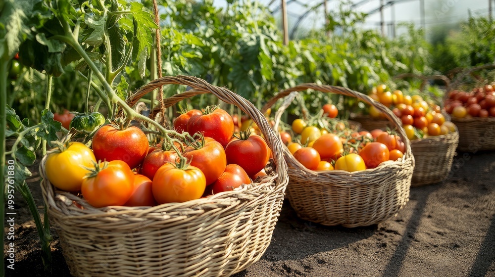 Various varieties of tomatoes in baskets by the greenhouse. gathering tomatoes. Various varieties of tomatoes in baskets by the greenhouse. gathering tomatoes.