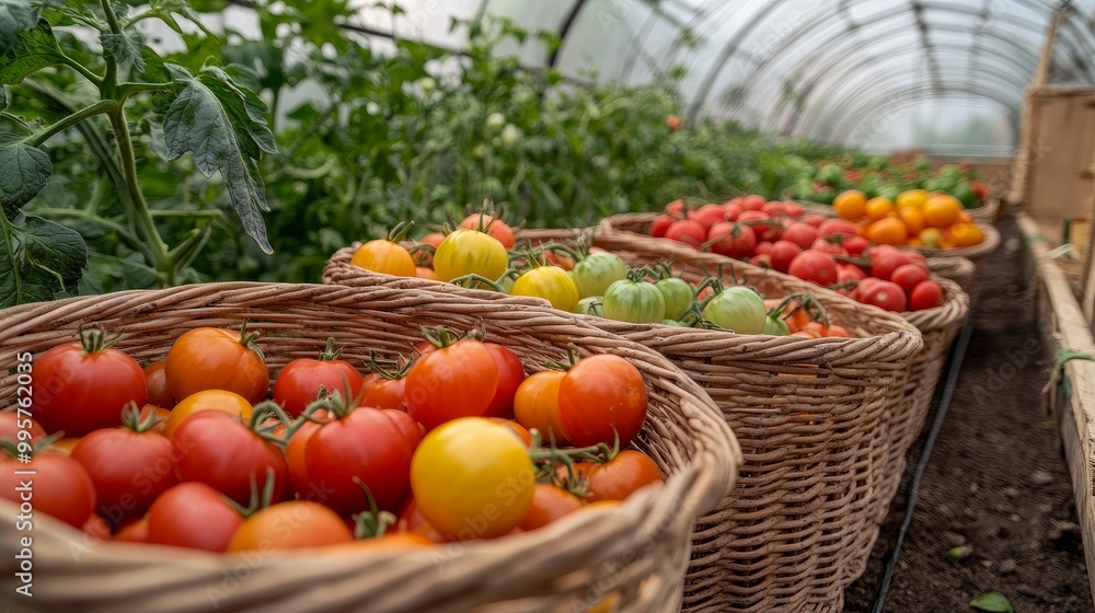 Various varieties of tomatoes in baskets by the greenhouse. gathering tomatoes. Various varieties of tomatoes in baskets by the greenhouse. gathering tomatoes.