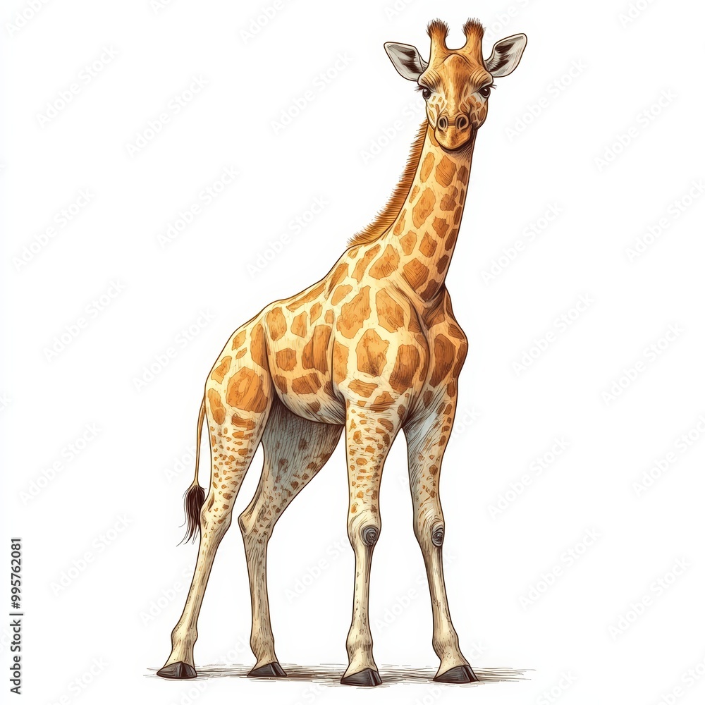 Obraz premium Giraffe standing tall, white isolated background