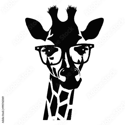 Giraffe Wearing Glasses Vector Black Silhouette Design for T-Shirt