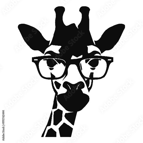 Giraffe Wearing Glasses Vector Black Silhouette Design for T-Shirt