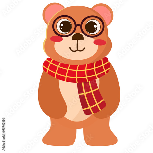 illustration of a cute brown furry bear wearing glasses and a scarf