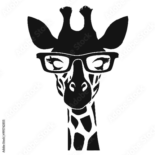 Giraffe Wearing Glasses Vector Black Silhouette Design for T-Shirt