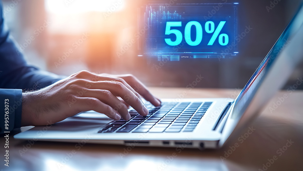 A person using a laptop displays the number 50% A person using a laptop displays the number 50%
