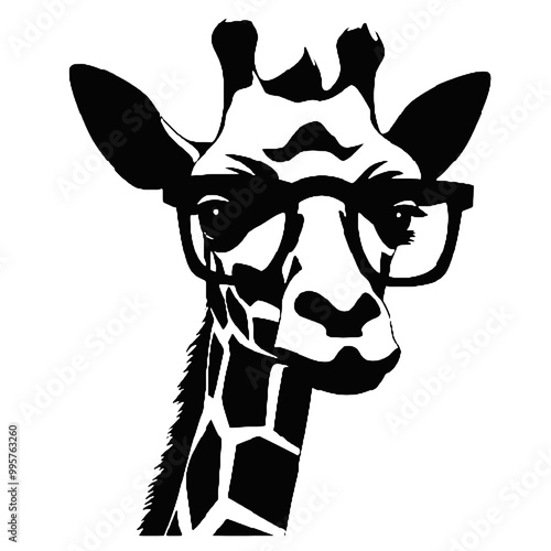 Giraffe Wearing Glasses Vector Black Silhouette Design for T-Shirt