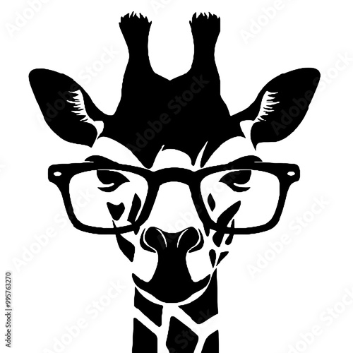 Giraffe Wearing Glasses Vector Black Silhouette Design for T-Shirt