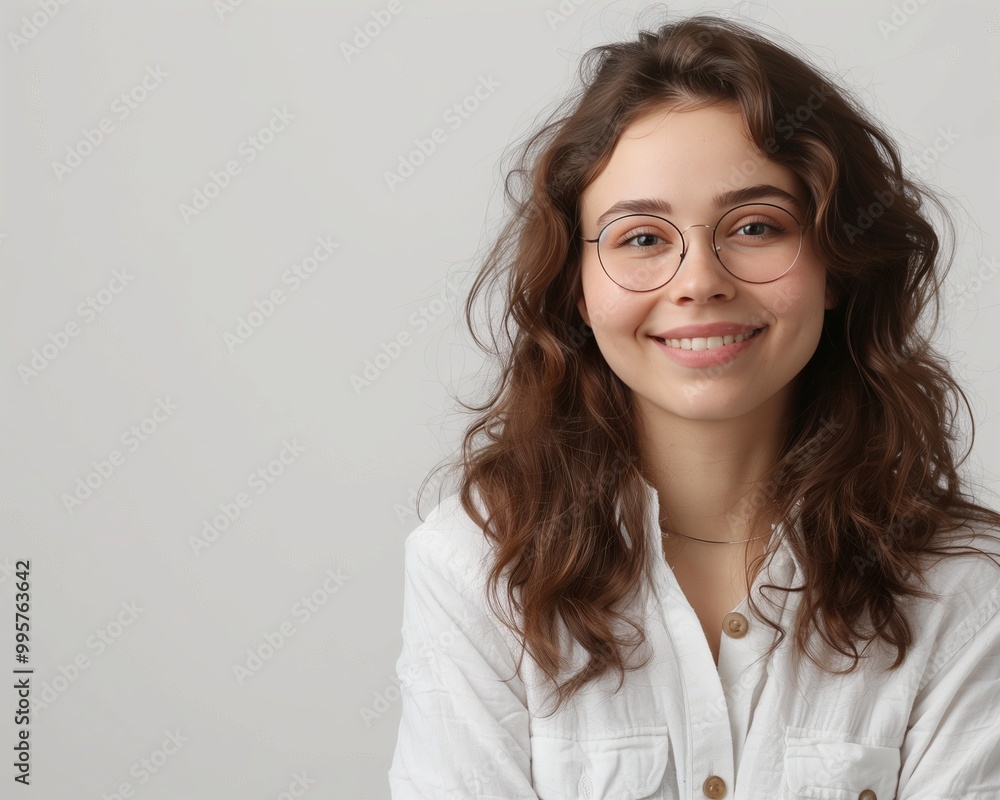 Smiling Young Woman with Curly Hair Wearing Glasses in White Shirt Smiling Young Woman with Curly Hair Wearing Glasses in White Shirt