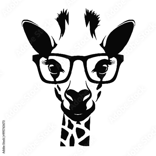 Giraffe Wearing Glasses Vector Black Silhouette Design for T-Shirt