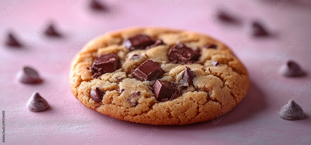 Closeup of a chocolate chip cookie with chocolate chips on a pink background. Closeup of a chocolate chip cookie with chocolate chips on a pink background.