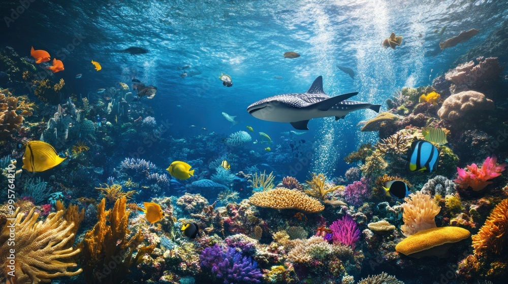 Whale Shark Swimming Amidst Vibrant Coral Reef and Colorful Fish Whale Shark Swimming Amidst Vibrant Coral Reef and Colorful Fish