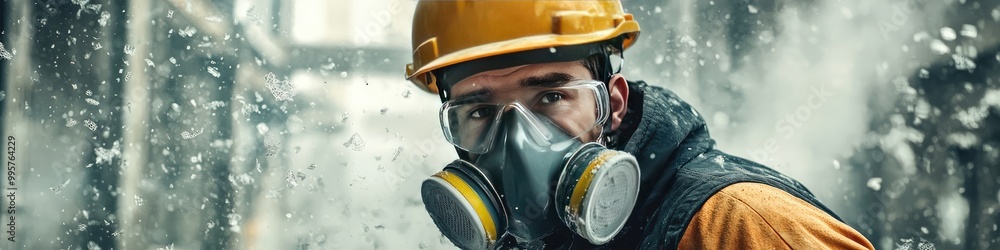 construction worker in a protective mask. Selective focus construction worker in a protective mask. Selective focus