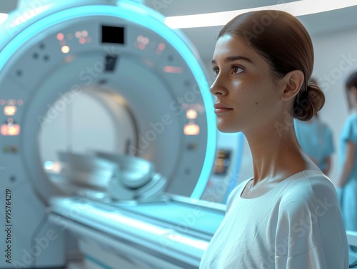 Oncology patient preparing for MRI scan in high-tech medical facility photo