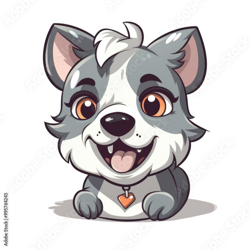 A cheerful cartoon dog character promotes happiness with its playful eyes and friendly smile, capturing attention in a simplistic design