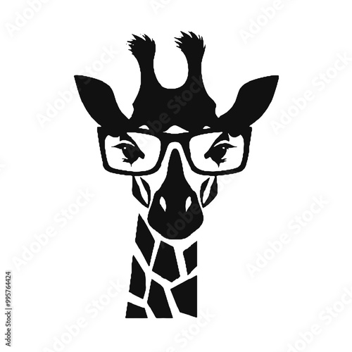 giraffe, wears black framed eyeglasses engraving black and white outline