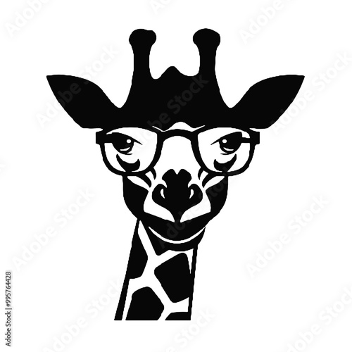 giraffe, wears black framed eyeglasses engraving black and white outline