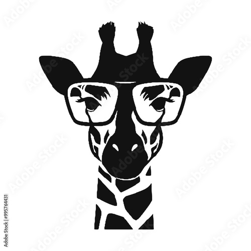 giraffe, wears black framed eyeglasses engraving black and white outline