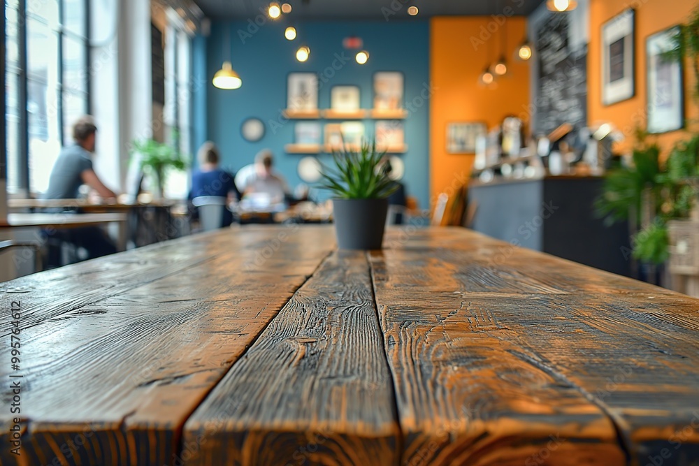 Close-up of a rustic wooden table in a cafe with blurred background. Close-up of a rustic wooden table in a cafe with blurred background.