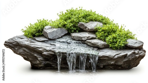 water is flowing on little grass growing on rocks stone and rocky cliff part with on white background