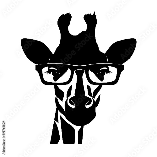 giraffe, wears black framed eyeglasses engraving black and white outline