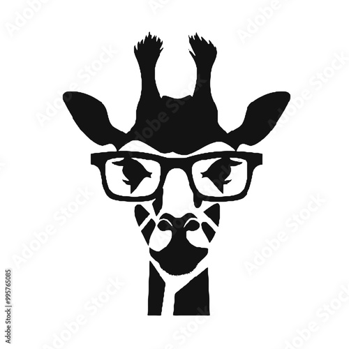 giraffe, wears black framed eyeglasses engraving black and white outline