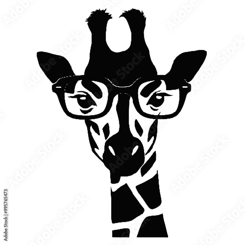 giraffe, wears black framed eyeglasses engraving black and white outline