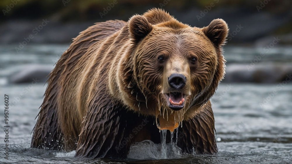 The brown bear is half standing in the water and the water is running off it The brown bear is half standing in the water and the water is running off it