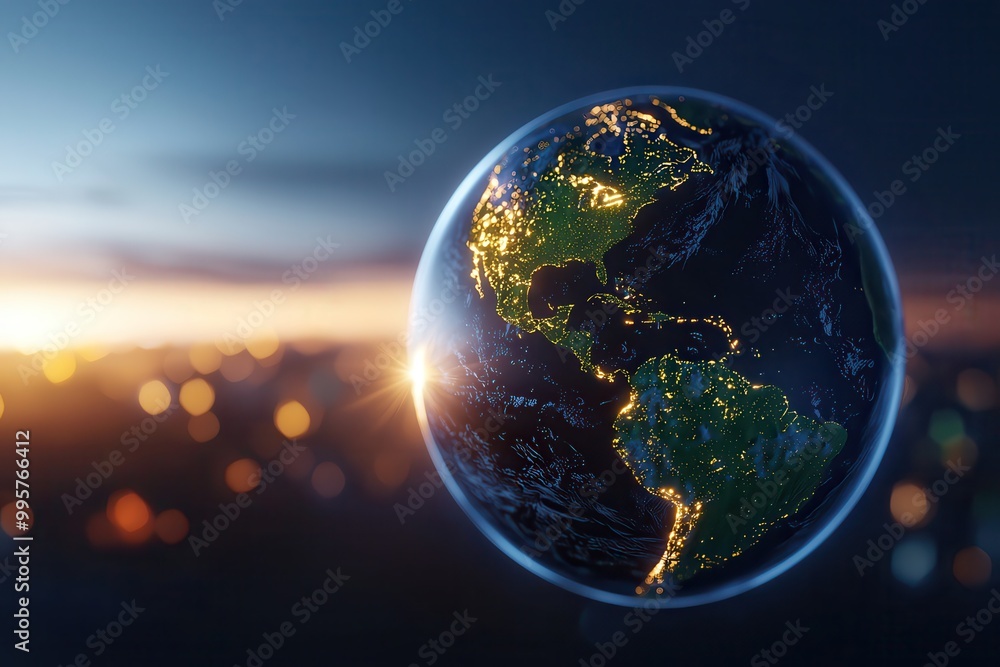 Fototapeta premium A stunning depiction of Earth from space, showcasing illuminated cities against a backdrop of twilight, highlighting the beauty of our planet.