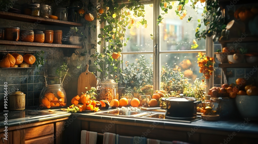Rustic Kitchen Window with Sunlight and Oranges Rustic Kitchen Window with Sunlight and Oranges