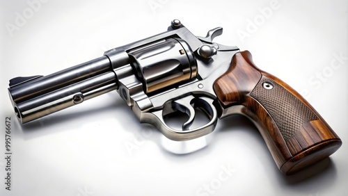 Classic revolver handgun is laying on a white background