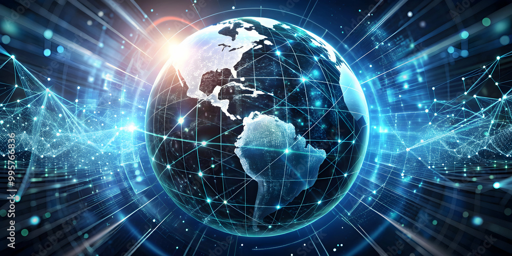 Global Network Connection: A futuristic digital illustration depicting Earth enveloped in a vibrant network of interconnected lines and nodes. Global Network Connection: A futuristic digital illustration depicting Earth enveloped in a vibrant network of interconnected lines and nodes.