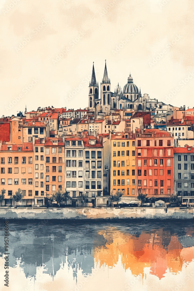 Obraz premium Lyon, France, color pen pencil hand-drawn effect drawing illustration for travel poster, card, wallpaper, backdrop or banner. Modern, clear, artistic and simple