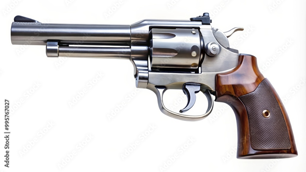 Classic revolver handgun is laying on a white background Classic revolver handgun is laying on a white background