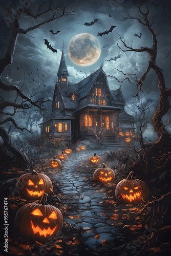 A spooky Halloween night scene with a haunted house and eerie Jack-o'-lanterns lining the path, as a glowing full moon shines through the clouds and bats fly across the dark sky. photo