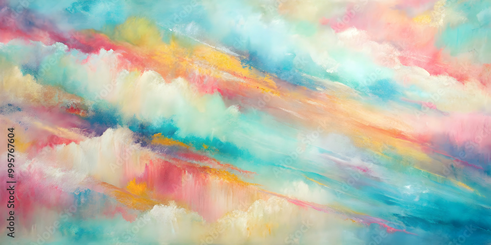 Dreamy Sky: Abstract oil painting of a vibrant sky with hues of turquoise, pink, yellow, and white. The clouds are painted in a soft, dreamy style, evoking a sense of peace and tranquility. Dreamy Sky: Abstract oil painting of a vibrant sky with hues of turquoise, pink, yellow, and white. The clouds are painted in a soft, dreamy style, evoking a sense of peace and tranquility.