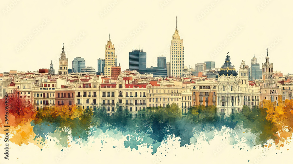 Obraz premium Madrid, Spain, color pen pencil hand-drawn effect drawing illustration for travel poster, card, wallpaper, backdrop or banner. Modern, clear, artistic and simple