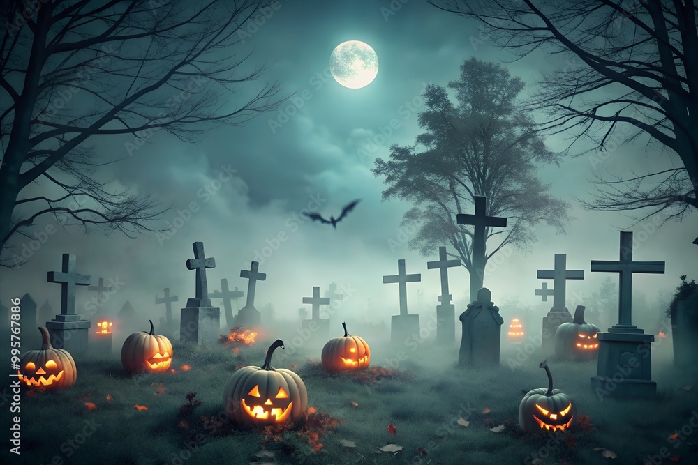 Fototapeta premium Enchanting Halloween Cemetery Captivating Graveyard with Full Moon in Dark Turquoise and Light Green Mist - Background for October 31.