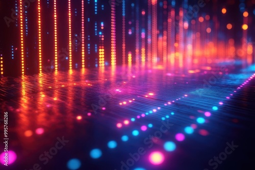 an abstract background featuring a dynamic sound wave equalizer effect illuminated by neon lights creating a modern and energetic atmosphere perfect for musicrelated themes photo