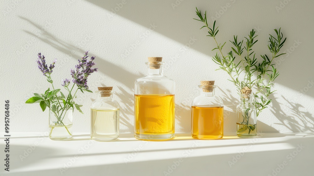 A serene arrangement of glass bottles filled with natural oils, complemented by fresh herbs and flowers, illuminated by soft sunlight. A serene arrangement of glass bottles filled with natural oils, complemented by fresh herbs and flowers, illuminated by soft sunlight.