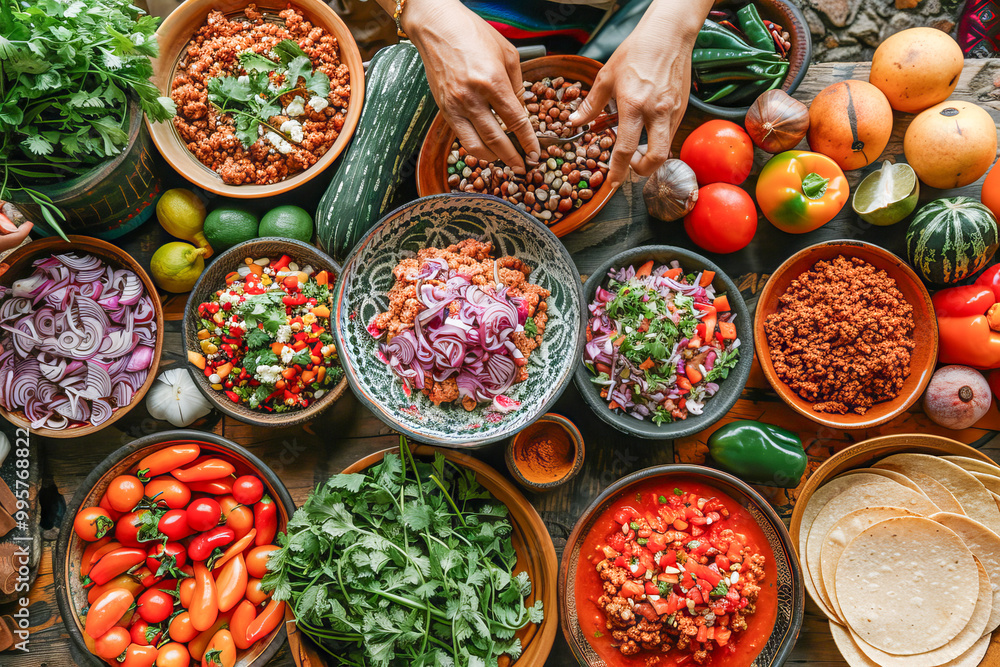 Fototapeta premium Two women preparing ingredients for traditional mexican dishes on rustic table
