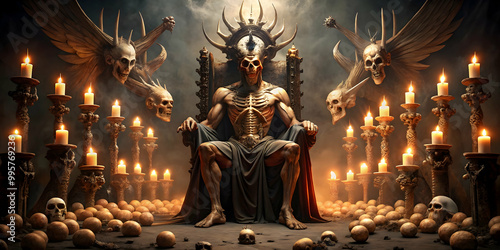 Dark Lord's Reign:  A terrifying digital painting of a demonic king enthroned amidst skulls and burning candles, his skeletal form radiating malevolent power.   photo