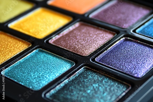 Close up of shimmer and matte eyeshadow pans with rich orange and blue pigments offering luxurious beauty textures for high fashion makeup styling and dramatic artistic expressions