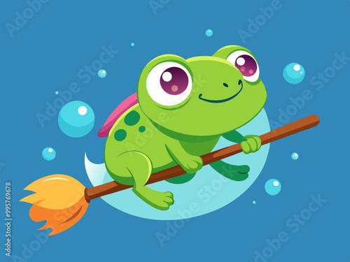 Cute frog lying on Magic Broom. 
 photo