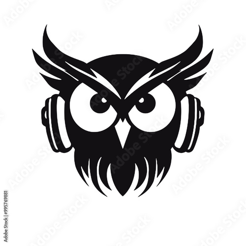 Cute owl wearing black headphones, white isolated background, curious look photo