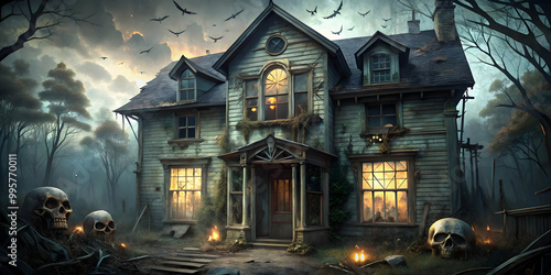 Haunted Victorian Manor: A chillingly beautiful, yet foreboding Victorian manor stands shrouded in mist amidst a dark forest, bathed in the eerie glow of flickering candles. The windows. photo