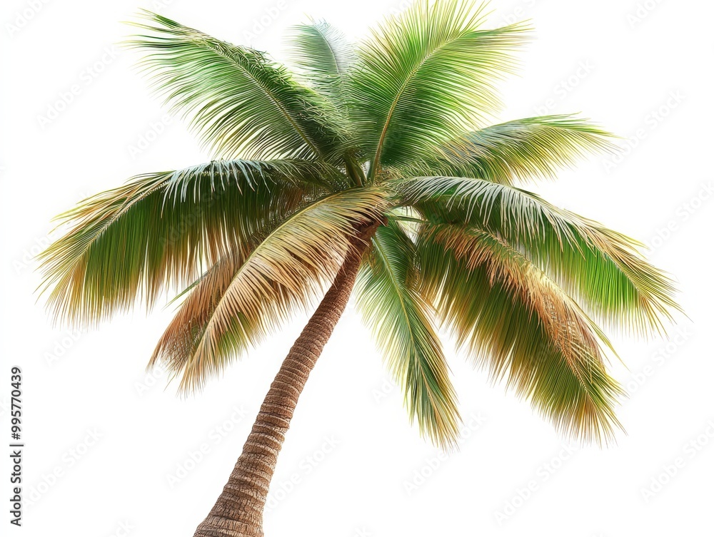 Fototapeta premium Lush palm tree with vibrant green leaves, white isolated background.