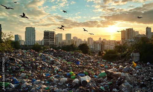Cityscape and Garbage Dump at Sunset
