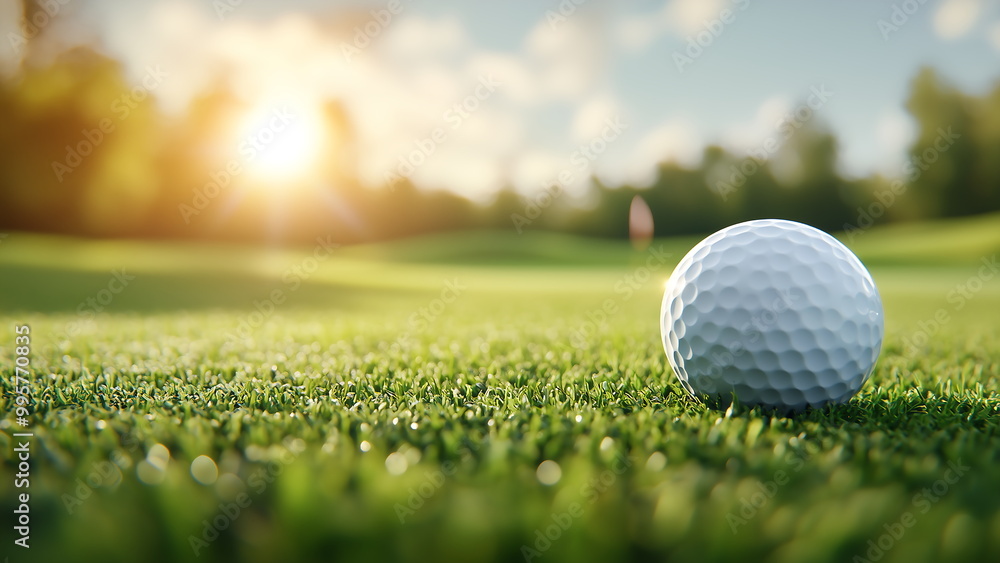 Obraz premium A golf ball sits on a green golf course